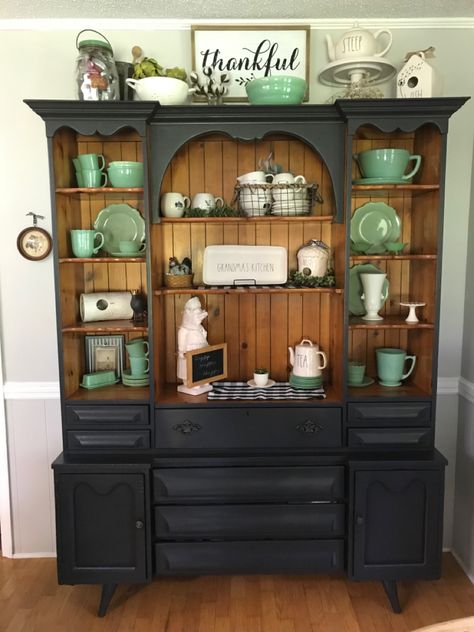 Antique Dresser With Hutch, Black Hutch Makeover, Kitchen Hutch Makeover, Chalk Painted Hutch, China Cabinet Decor, Black Hutch, Hutch Ideas, Black Painted Furniture, Dining Hutch