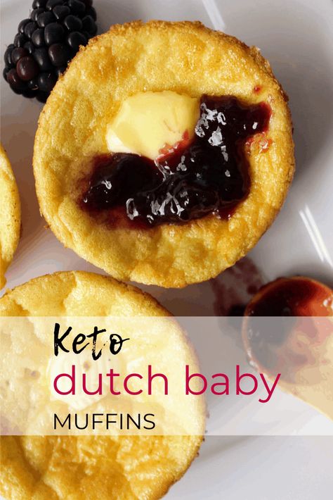 These keto Dutch baby muffins are the perfect easy breakfast for a low carb diet. Add sugar free jam, buttermilk syrup, powdered erythritol and lemon juice, or just a gob of butter! Keen for Keto | keto German pancake muffins | keto hootenanny muffins | keto puffed pancake muffins | keto popovers Keto Pancake Muffins, Keto Dutch Baby Pancake, Keto Popovers, Keto Dutch Baby, Keto Munchies, Puffed Pancake, Lchf Breakfast, Keto Brunch, Buttermilk Syrup