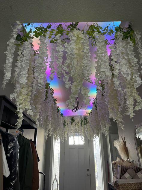 Wisteria Aesthetic Room, Wisteria Ceiling Bedroom Diy, Wisteria On Ceiling Bedroom, Wisteria Tree Bedroom, Wisteria Hanging From Ceiling, Wisteria Room Decor, Wisteria Hanging From Ceiling Bedroom, Wisteria Ceiling, Hanging From Ceiling