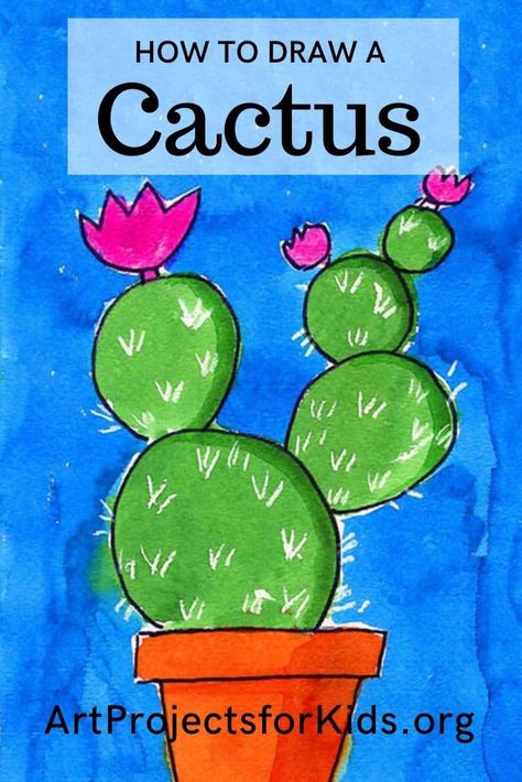 Learn how to draw a Cactus with this fun and easy art project for kids. Simple step by step tutorial available. #howtodraw #artprojectsforkids #directdraw #cactus Classe D'art, Cactus Drawing, Art Projects For Kids, Cactus Painting, Kids Watercolor, Easy Art Projects, Watercolor Cactus, Cactus Art, Kindergarten Art