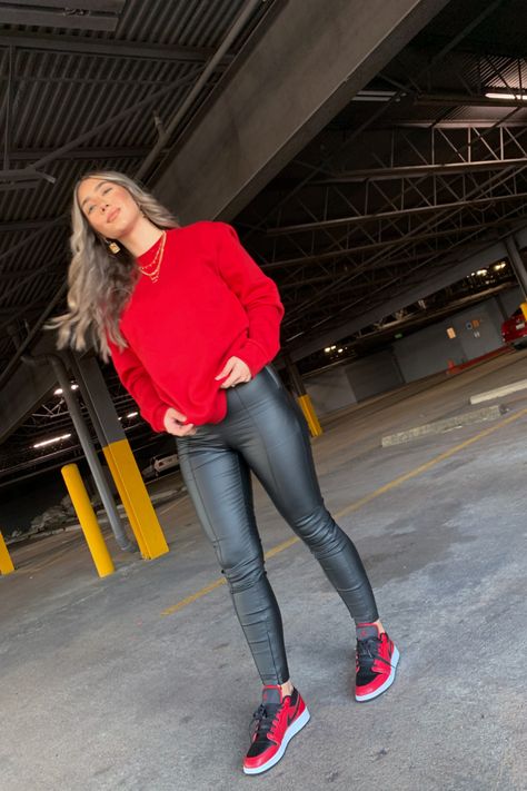 Black And Red Air Jordans Outfit, Leather Leggings Jordans Outfit, Red Sneakers Outfit 2023, Red And Black Sneakers Outfits, Red Jordans Outfit For Women Winter, Air Jordan 1 Low Outfit Women Red, Black Red Jordan 1 Outfit Women, Red And Black Nike Outfit, Red And Black Nikes Outfit