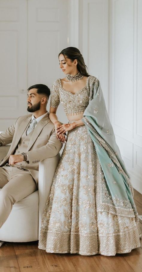 Indian Couple Engagement Outfit, Reception Lehangas Ideas, Lehenga For Engagement The Bride, Simple Engagement Dress Indian, Bride Engagement Outfit Indian, Indian Reception Lehenga, Couple Dress Matching Indian Simple, Reception Lehenga Bridal Indian, Engagement Photos Outfits Indian