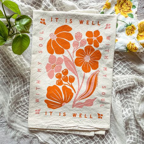 It Is Well with My Soul block florals Hymn Tea Towel Pretty Tea Towels, Tea Towel Stamping, Lino Print Tea Towel, Linocut Tea Towel, Tea Towel Designs, Block Print Tea Towels, Tea Towel Ideas, Painted Tea Towels, Make Tea Towels