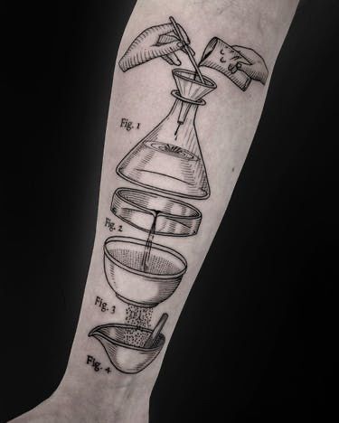 Mad Scientist Tattoo, Chemist Tattoo, Forensic Tattoo Ideas, Beaker Tattoo, Pharmacist Tattoo, Chemical Tattoo Ideas, Scientist Tattoo, Science Tattoos Chemistry, Chemistry Tattoo Ideas