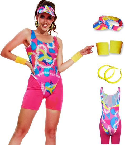 Margot Robbie Costume | 2023 Movie Live Skating Leotard | Neon Legging | Sun Visor Hat | Wristbands | Earrings | Leg Warmer Set for Women Complete 80s Costume Set: the 80s workout outfit includes 1 piece of retro 80s or 90s leotard, 1 pair of short jogging leggings, 1 piece of sun visor hat, 1 pair of wristbands and 1 pair of earrings, which can satisfy your needs for 80s costume accessories. - Fastening: Pull On - Retro and Attractive - Stretchy and Comfortable Margot Robbie Costume, Workout Costume, 80s Workout Costume, 80s Workout Outfit, Workout Barbie, 80s Workout Clothes, Jogging Leggings, 80s Workout, Neon Leggings