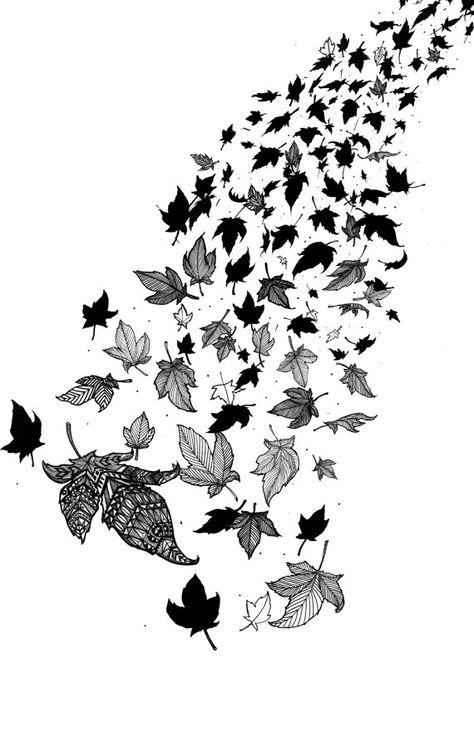 "Cascade" Falling Leaves Pattern Leaf Autumn Nature Tree Black by iiixtheory, $35.00 Leaves Tattoo, Oak Tree Tattoo, Carton Design, Leg Cast, Pattern Leaf, Mermaid Tattoos, Leaf Template, Black And White Tree, Autumn Nature