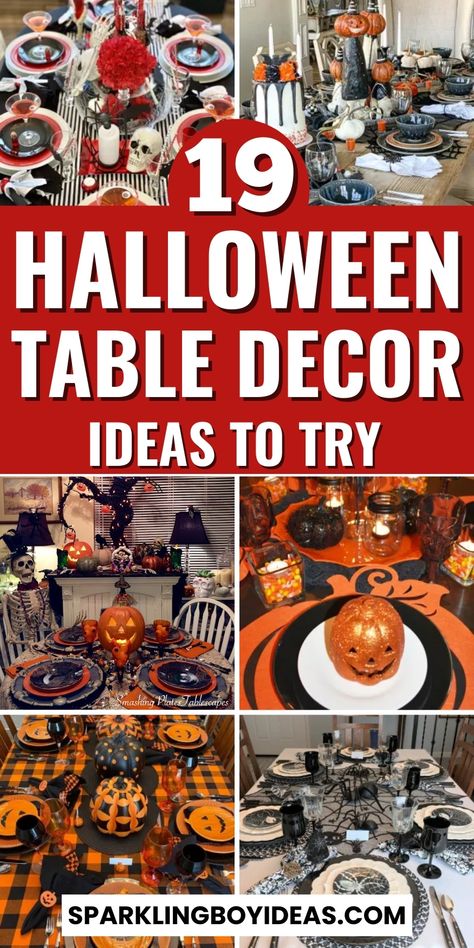 19 Easy Halloween Table Decor 1 Halloween Dinner Table, Orange Decorations, Halloween Dining Room, Halloween Table Centerpieces, Halloween Table Settings, Halloween Table Decor, Halloween Party Table, Halloween Tablescape, Easy Halloween Decorations