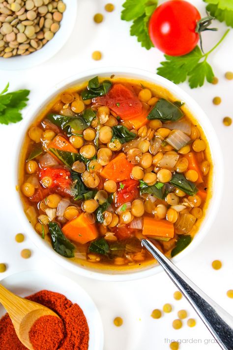 This easy vegan Lentil Spinach Soup recipe is made with veggies, warm spices, and protein-rich lentils! Budget-friendly and easy to customize. Lentil Spinach Soup, Lentil Spinach, Garden Grazer, Spinach Soup Recipe, Vegan Lentil, Sweet Potato Black Beans, Meatless Recipes, Soup Easy, Spinach Soup