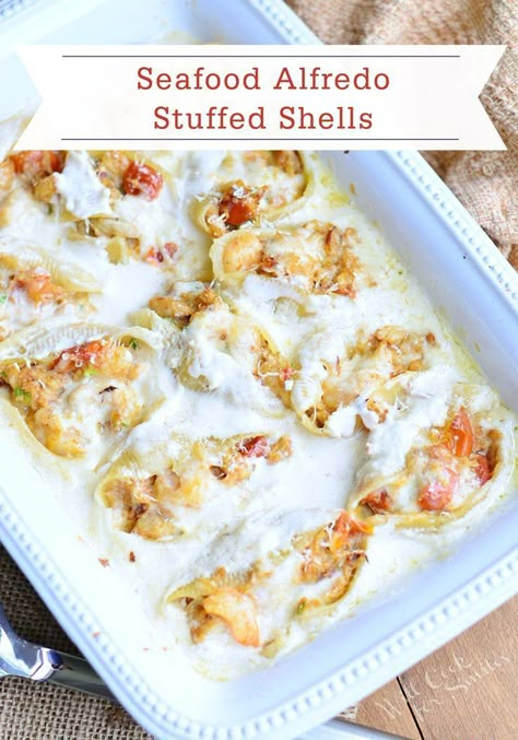 Seafood Stuffed Shells Recipe, Stuffed Shells Beef, Seafood Alfredo, Seafood Stuffed Shells, Alfredo Stuffed Shells, Seafood Casserole Recipes, Shells Stuffed, Stuffed Shells Ricotta, Seafood Pasta Recipes