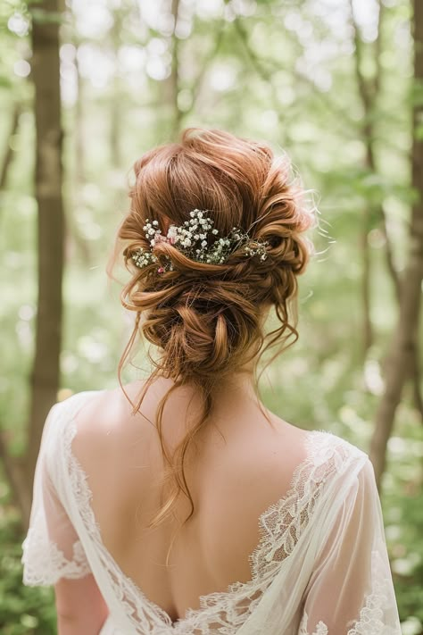 Bride Updo With Flowers, Hair Floral Wedding, Bohemian Bride Hair, Wedding Updo With Veil, Bohemian Updo, Bridal Updo With Veil, Floral Updo, Bride Hair Flowers, Nature Elopement