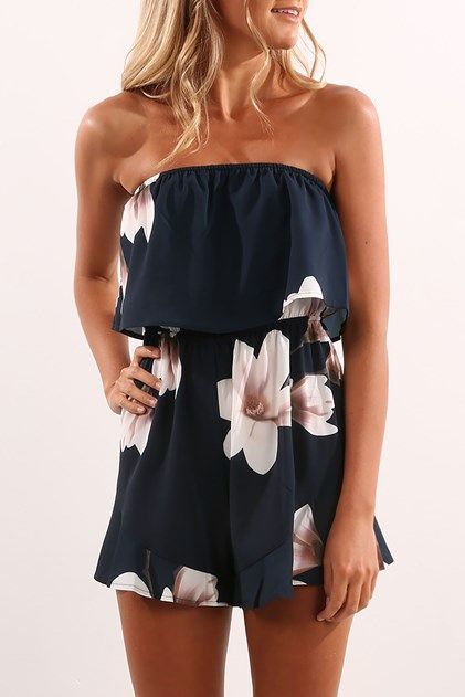 Lillyanna Playsuit Navy Print Vestiti In Jeans, Strapless Playsuit, Holiday Jumpsuit, Ladies Shorts, Print Jumpsuit, Jumpsuit Summer, Mode Casual, Looks Style, Spring Summer Outfits