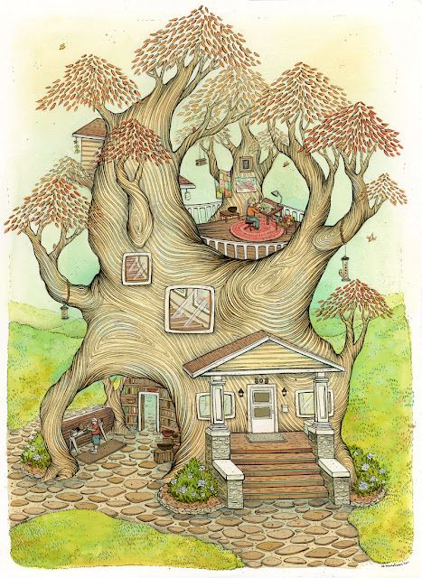 Nimasprout Art, Tree House Illustration, Tree House Drawing, Gauche Painting, Superflat, House Illustration, Holly Hobbie, House Drawing, Art Block