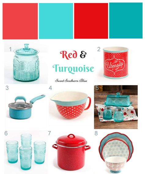 Red And Turquoise Kitchen, Red And Teal Kitchen, Modern Retro Kitchen, Turquoise Kitchen Decor, Retro Kitchen Appliances, Turquoise Kitchen, Red Kitchen Decor, Teal Kitchen, Cherry Kitchen