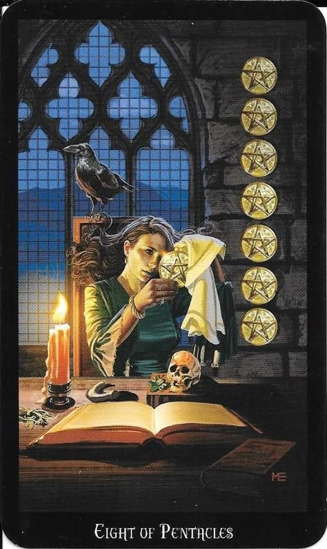 Eight of Pentacles Eight Of Pentacles, Witches Tarot Cards, Witches Tarot Deck, Relationship Tarot, Pentacles Tarot, Swords Tarot, Witch Tarot, Online Tarot, Pentacles