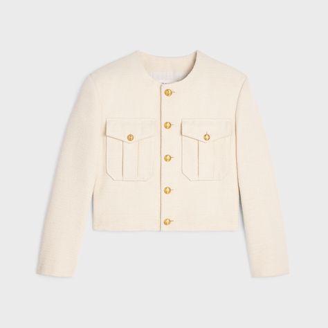 CROPPED MILITARY JACKET IN SILK RUSH - VANILLA | CELINE Celine Coat, Cropped Military Jacket, Casual Dress Shoes, Handbags Leather, Christian Louboutin Women, Airport Fashion, Womens Clothing Sizes, Leather Goods, Women Crop