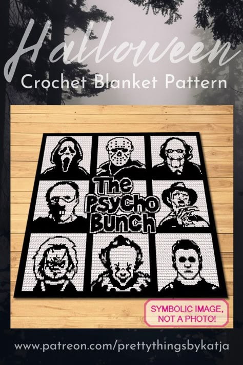 Crochet meets horror in this captivating collection of Serial Killer patterns. Prepare to be thrilled stitch by stitch! Horror Knitting Patterns, Crochet Graph Blanket, Horror Cross Stitch Patterns Free, Horror Tapestry Crochet, Movie Crochet Patterns, Crochet Fall Ideas, Creepy Crochet Pattern Free, Afghan Borders, Crochet Movie