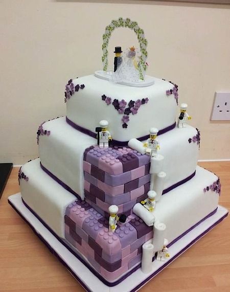 Tiny Lego bakers reveal purple Lego wedding cake. Lego Wedding Cake, O Is For Owl, Lego Wedding, Cake Wrecks, Alphabetical Order, One Night, Nursery Rhymes, Wedding Cake, Lego