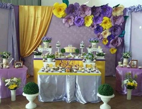 Purple And Yellow Decorations, Purple And Yellow Birthday Party Decor, Flower Themed Birthday Party, Yellow Baby Shower Decorations, Flower Themed Birthday, Yellow Party Decorations, Sunflower Purple, Yellow Birthday Parties, Purple Party Decorations