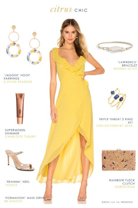 Pretty yellow maxi dress and accessories. The perfect outfit for a summer 2019 wedding guest  #weddingguestideas #summerwedding #weddingoutfits Maxi Dress For Wedding Guest, Yellow Prom Dress Long, Yellow Wedding Guest Dresses, Maxi Dress For Wedding, Yellow Dress Outfit, Dress For Wedding Guest, Yellow Wedding Dress, Yellow Maxi Dress, Prom Dresses Yellow