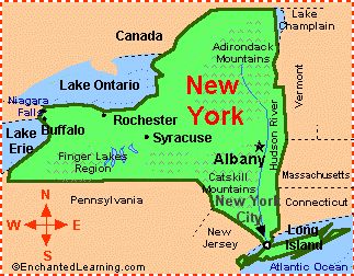 New York: Facts, Map and State Symbols - EnchantedLearning.com New York was the 11th State to enter the United States on July 26, 1788.  The Capital is Albany. New York Facts, Alexandria Bay, Map Projects, State Symbols, Maps For Kids, Catskill Mountains, Lake Champlain, Map Of New York, I Love Ny