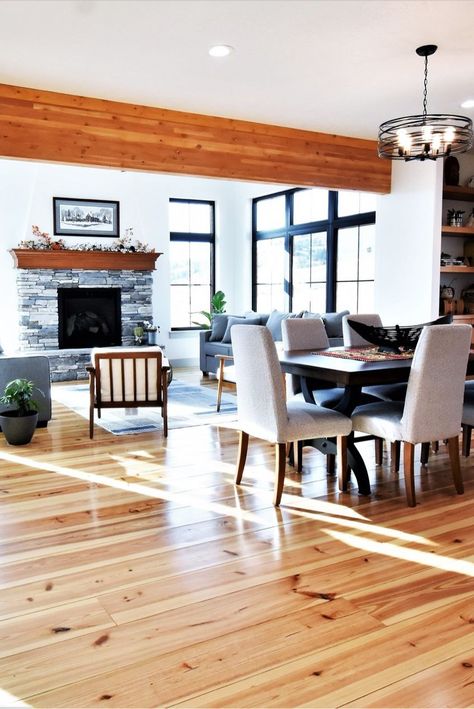 Experience the warmth of 9” Heart Pine Flooring with the timeless Honey Bee finish in Malad City, Idaho.⁠
⁠
Contractor: ⁠Morris Construction⁠
Architecture by Lamonte John ⁠
📸 by @davidlivingston Stringer Staircase, Cabin Flooring, Mountain View Home, Pine Flooring, Heart Pine Flooring, Eastern White Pine, Loft Storage, Cabin Floor, Heart Pine