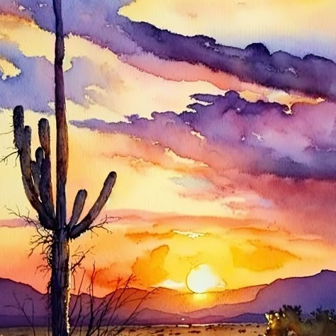 Watercolor Desert Landscape Tutorial, Sunset Color Flowers, Desert Watercolor Paintings, Fall Watercolor Landscape, Southwest Scenery, Watercolor Painting Ideas Easy, Watercolor Desert Landscape, Southwest Watercolor, Cactus Watercolor Painting