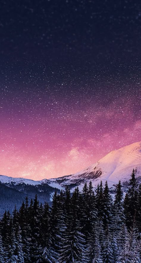 beautiful Iphone wallpaper. starry night, trees, mountains, snow, purple, blue, pink, and white Cellphone Background, المملكة العربية السعودية, The Night Sky, Cool Backgrounds, Nature Wallpaper, Phone Backgrounds, Galaxy Wallpaper, Beautiful Wallpapers, Nature Pictures