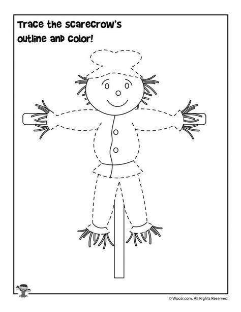 Trace the Scarecrow Worksheet Fall Preschool Worksheets, Toddler Printables, Thanksgiving Activities Preschool, Preschool Pictures, Toddler Daycare, Scarecrow Crafts, Fall Preschool Activities, Thanksgiving Activities For Kids, The Scarecrow