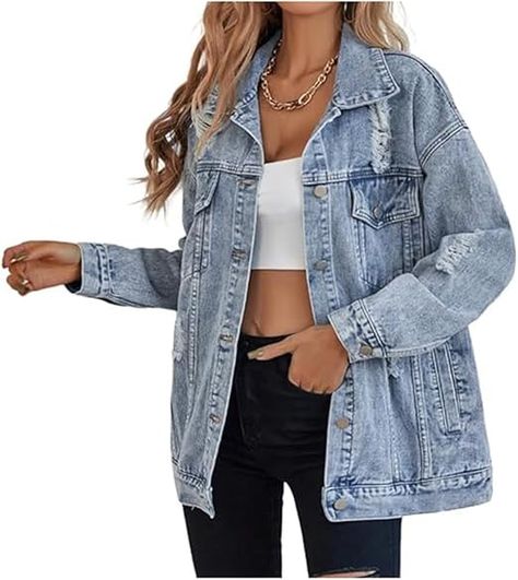 LifeShe Women's long oversized denim jacket boyfriend ripped distressed jean jackets coat at Amazon Women's Coats Shop Wedding Weekend Outfits, Outdoor Cocktail Party, Oversized Distressed Denim Jacket, Boyfriend Denim Jacket, Style Denim Jacket, Mini Chain Bag, Outdoor Cocktail, Cocktail Party Wedding, Weekend Outfits