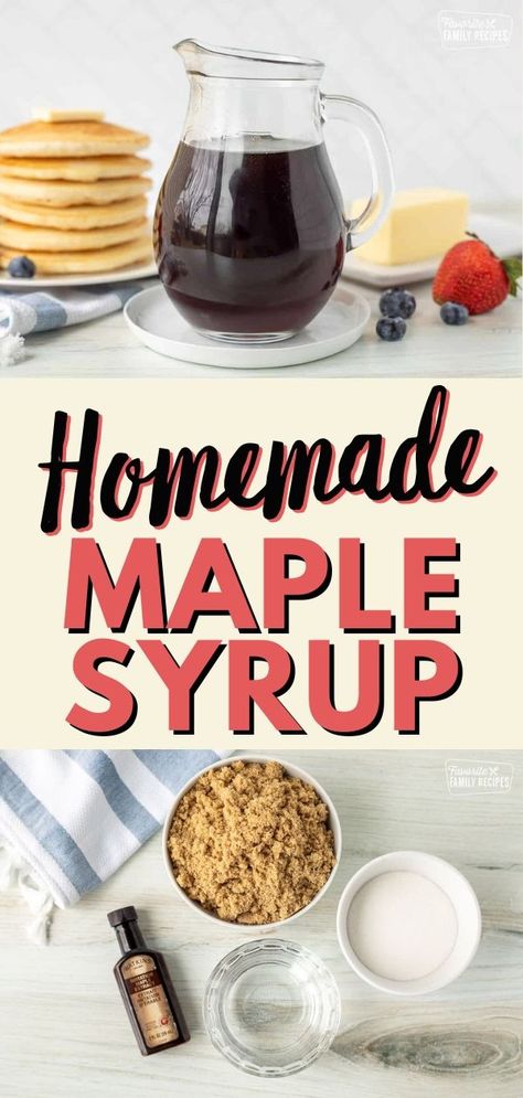 Making homemade maple syrup is easy and it tastes way better than what you will find in the store. We are going to show you how to do it with no special equipment required! All you need is four ingredients, a pot, and a little time. This recipe has low sugar content and a natural sweetness that tastes so yummy. Thick Maple Syrup Recipes, Making Syrup For Pancakes, Home Made Maple Syrup Recipes, Home Made Syrup Easy, Pancakes Syrup Recipe, Home Made Pancake Syrup Recipes, Canning Syrup Recipes, Making Maple Syrup, Diy Syrup Pancakes