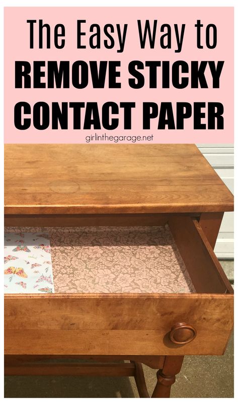 Do your drawers have old contact paper stuck inside? Discover how to remove contact paper the easy way. DIY painted furniture ideas by Girl in the Garage Removing Contact Paper, Diy Painted Furniture, Farmhouse Thrift Store Makeovers, Painted Furniture Ideas, Stenciled Table, Shelf Paper, Country Chic Paint, Painted Sideboard, Transforming Furniture