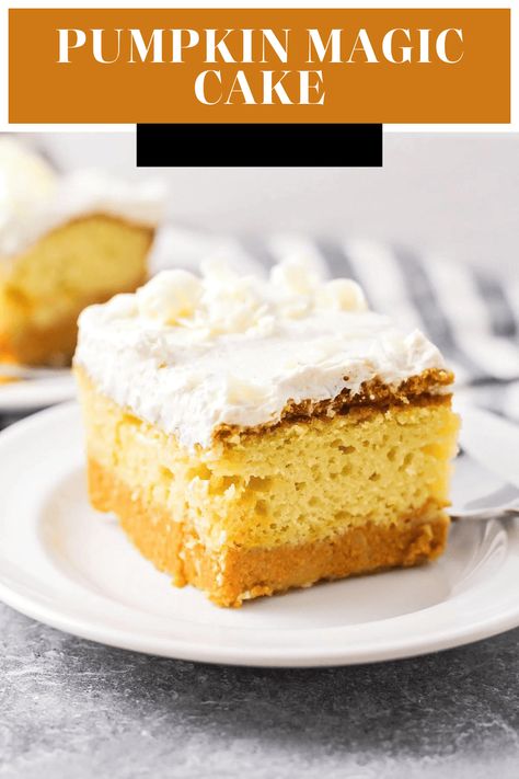 Pumpkin and yellow cake are topped with white chocolate pumpkin spice frosting in this seasonally scrumptious pumpkin magic cake! #magicpumpkincake #pumpkincake #cake #pumpkin #falltreats Pumpkin Spice Frosting, Pumpkin Magic Cake, Pumpkin Poke Cake, Spice Frosting, Pumpkin Magic, Pumpkin Spice Waffles, Cake Pumpkin, Crumb Cake Recipe, Pumpkin Spice Donut