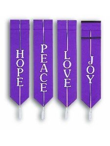 Set of 4 Purple Banners with Hope, Joy, Love and Peace embroidered and with tassels. This item may be subject to restocking fee if returned. Advent Banners, Advent Church Decorations, Purple Meaning, Church Banners Designs, Advent Decorations, Worship Art, Christmas Church, Church Banners, Advent Wreath