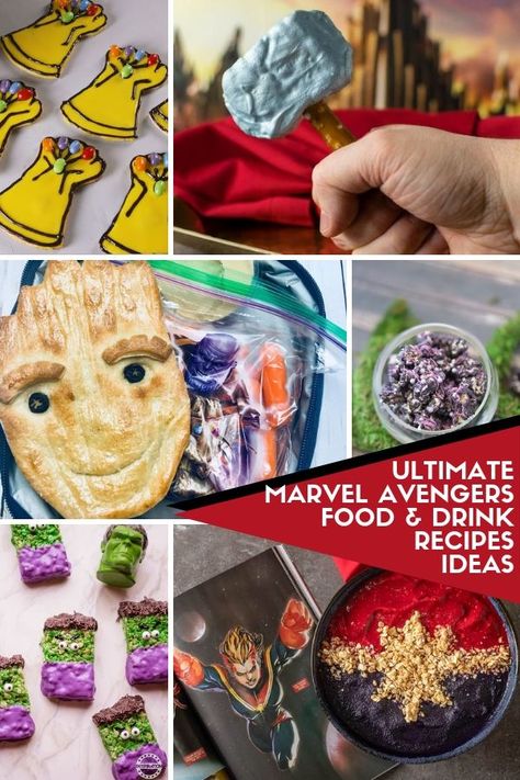 The Ultimate List of Marvel Avengers Food and Drink Recipe Ideas perfect for a superhero party. Original Avengers, Witch Cupcakes, The Original Avengers, Iron Man Marvel, Layered Drinks, Marvel Party, Chocolate Dipped Cookies, Disney Dinner, Drink Recipe Book