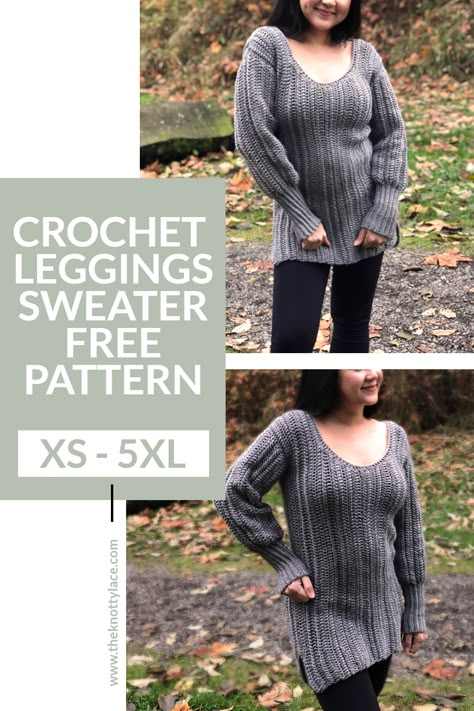 The perfect crochet pattern to make when the weather gets cooler. A long crochet sweater pullover perfect for leggings. This free pattern also comes written for all sizes from XS - 5XL and it also includes a video tutorial. Crochet Oversized Sweater Pattern Free, Long Crochet Sweater, Hippie Patterns, Crochet Leggings, Oversize Sweater Pattern, Crochet Clothing Ideas, Sweater Free Pattern, Crochet Pullover Pattern, Crocheted Sweaters