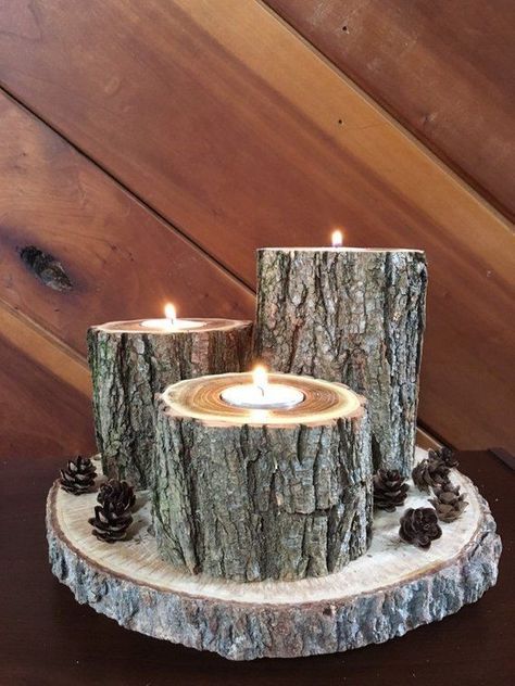 Wooden Candle Holders Rustic, Log Candle Holder, Candle Holder Wood, Log Candle Holders, Log Candles, Rustic Candle, Wooden Candle Holder, Wood Slice Crafts, Rustic Candle Holders