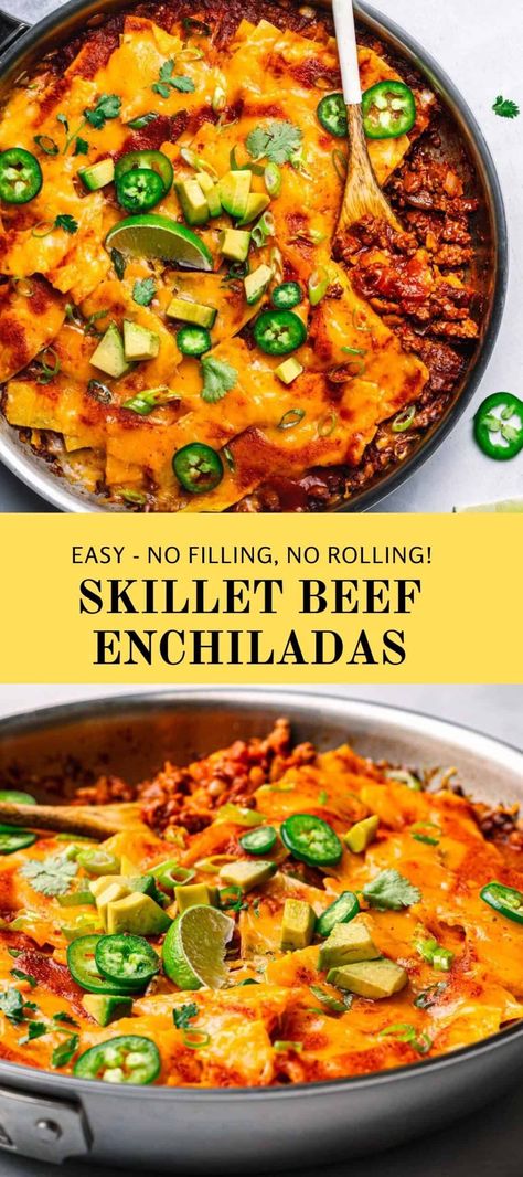 This is a very good beef enchiladas recipe! A very tasty skillet beef enchiladas recipe. This Mexican-inspired dish is an easier and quicker version of traditional enchiladas. No filling, no rolling, and no baking. Just throw all the ingredients in a pot or skillet pan, then dinner is ready for the entire family in less than 30 minutes. #beefenchiladas #enchiladas #Mexicanrecipes #groundbeef #onepotmeals Beef Enchilada Skillet Recipe, Skillet Beef Enchiladas, Traditional Enchiladas, Best Beef Enchilada Recipe, Beef Enchiladas Recipe, Enchilada Skillet, Beef Enchilada Recipe, Beef Enchilada, Skillet Pan