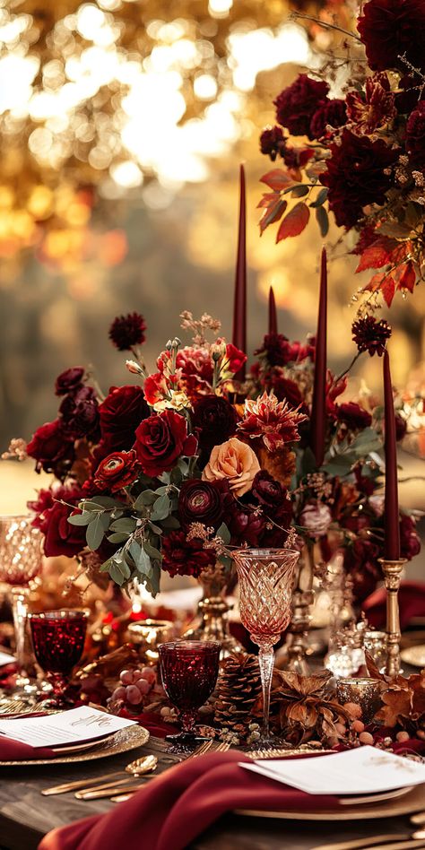 Fall Wedding Table Decorations: Elegant Settings - Quiet Minimal Dark Regal Wedding, Vintage Glass Centerpieces Wedding, Burgundy Fall Tablescape, Jewel Tone Fall Wedding Centerpieces, Elegant Fall Dinner Party Decor, Big Wedding Decor, Cranberry Wedding Decor, Victorian Fall Wedding, Black Burgundy Ivory And Gold Wedding