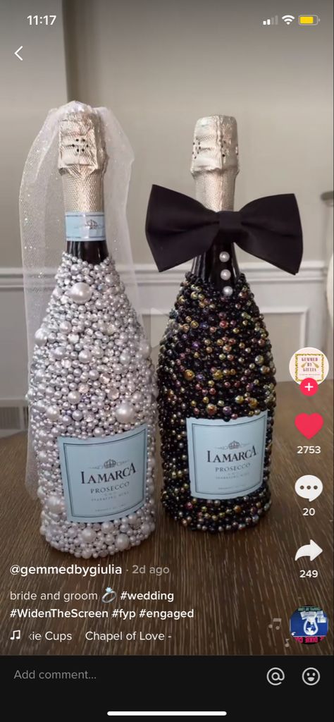 Bride And Groom Wine Bottles, Wine Bottle Engagement Gift, Bride And Groom Bottles, Champagne Bottle Decoration For Weddings, Bride Champagne Bottle, Pearl Champagne Bottle, Champagne Bottle Decoration, Bedazzled Bottles, Bling Bachelorette Party