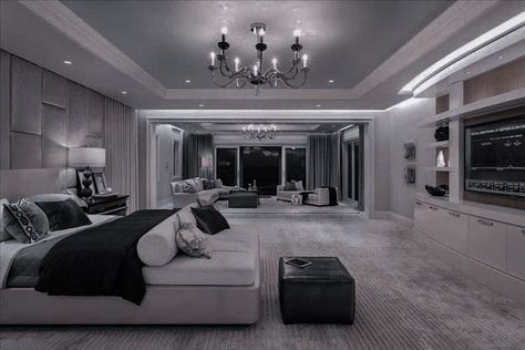 Bedroom Mansion Aesthetic, Fancy Bedroom Luxury Dark, Gray Luxury Bedroom, Rich Room Bedroom, Modern Big Bedroom, Wattpad Bedroom, Mansion Bedrooms, Expensive Bedroom, American House Interior