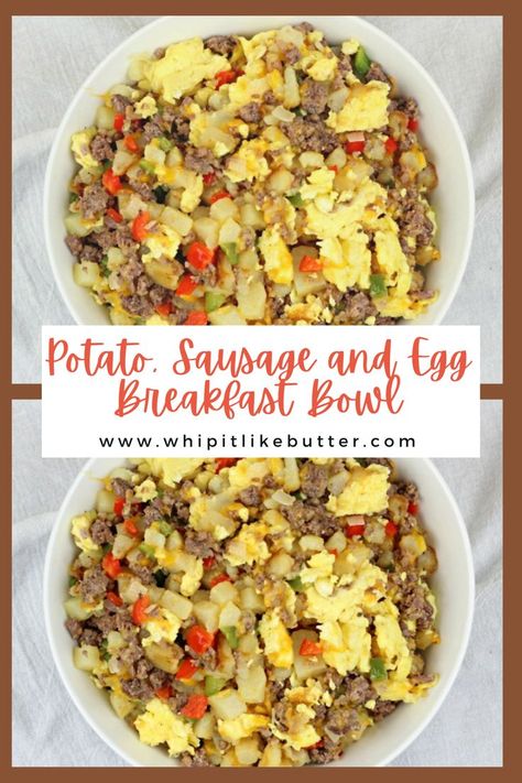 Everything that you need for a complete breakfast is in this Potato, Sausage and Egg Breakfast Bowl! The perfect way to jumpstart the day! Egg Sausage Potato Breakfast Bowl, Sausage And Potato Breakfast, Breakfast Bowl Eggs Potatoes, Healthy Breakfast With Potatoes, Sausage And Egg Scramble, Breakfast Sausage Bowl, Egg Breakfast Bowls Healthy, Turkey Sausage Breakfast Bowl, Potato Scramble Breakfast