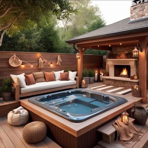 Hot Tub And Fire Pit Patio, Stone Jacuzzi, Outdoor Jacuzzi Ideas, Jacuzzi Outdoor Ideas, Pool Greenhouse, Jacuzzi Deck, Hot Tub Deck Design, Sunken Hot Tub, Outdoor Jacuzzi