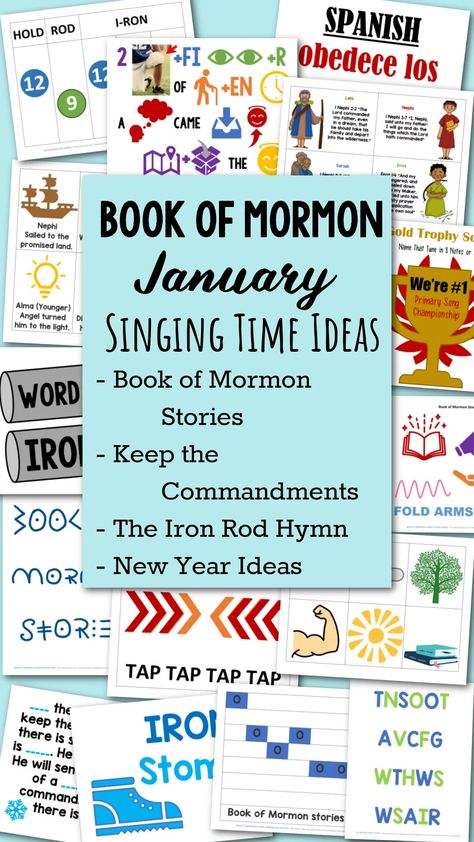 Book of Mormon January Primary Songs Singing Time ideas to help you teach Book of Mormon Stories, Keep the Commandments, and The Iron Rod Hymn. Plus, fun activities and ideas for the New Year! This packet is jam packed full with lesson plans and printable song helps for LDS Primary music leaders and great for home Come Follow Me use for families, too. Lds Primary Songs For 2024, Books In The Book Of Mormon, Keep The Commandments Singing Time, Book Of Mormon Singing Time Ideas, Primary 2024 Book Of Mormon, Book Of Mormon Singing Time, 2024 Primary Songs, Singing Time Lds Primary, The Iron Rod Singing Time