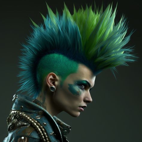 Mohawk Character Design, Mohawk Reference, Cyberpunk Mohawk, Small Mohawk, Green Mohawk, Blue Mohawk, Sci Fi Outfits, Shadar Kai, Female Mohawk