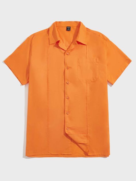 Casual Orange Shirt For Streetwear, Orange Short Sleeve Shirt With Buttons, Orange Button Up, Orange Button-up Summer Top, Summer Orange Button-up Top, Orange Button-up Shirt With Pockets, Shein Men, Male Clothing, Patches Shirt