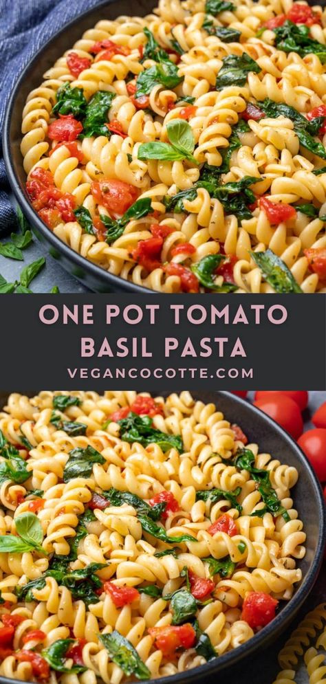 One-Pot Tomato Basil Pasta Vegan Tomato Basil Pasta, One Pot Healthy Pasta Recipes, Healthy Tomato Basil Pasta, Tomato Basil Spinach Pasta, Meatless Supper Ideas, Pasta Dishes No Red Sauce, Tomato And Herb Pasta, One Pot Basil Pasta, Pasta Dishes With Basil