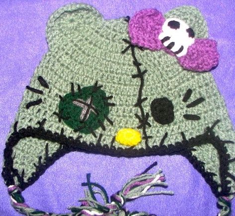 Hello Kitty Crochet Hat, Kitty Crochet Hat, Scene Crochet, Zombie Hello Kitty, Hello Kitty Hat, Crochet Character Hats, Owl Crochet, Hello Kitty Crochet, Funky Hats