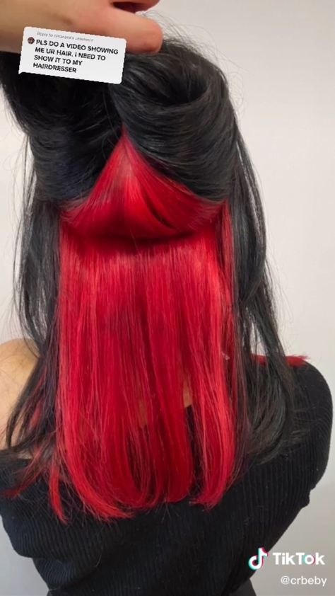 What Colors Go Best With Blonde Hair, Bright Red Underneath Hair, Black Red Peekaboo Hair, Bright Red Peekaboo Hair, Red To Black Hair Ombre, Black With Red Peekaboo Hair, Bottom Half Red Hair, Black Hair Red Peekaboo, Fun Hair Color Ideas For Brunettes Red