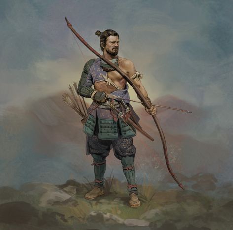 ArtStation - Character Painted on Twitch, Jaan van Eeden Samurai Archer, Archer Characters, Bear Sketch, Medieval Japan, Japanese Warrior, Samurai Art, Fantasy Warrior, Fantasy Rpg, Medieval Art