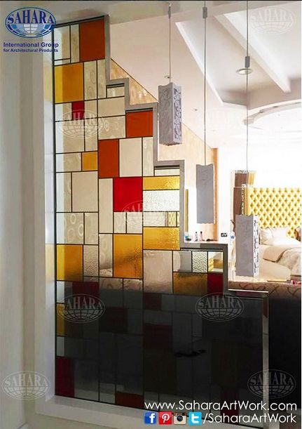 Beautiful modern design stained glass partition for bedrooms. Stained Glass Partition Wall, Stained Glass Partition, Glass Partition Wall, Craftsman Bathroom, Glass Room Divider, Half Walls, Glass Room, Stained Glass Decor, Glass Cube